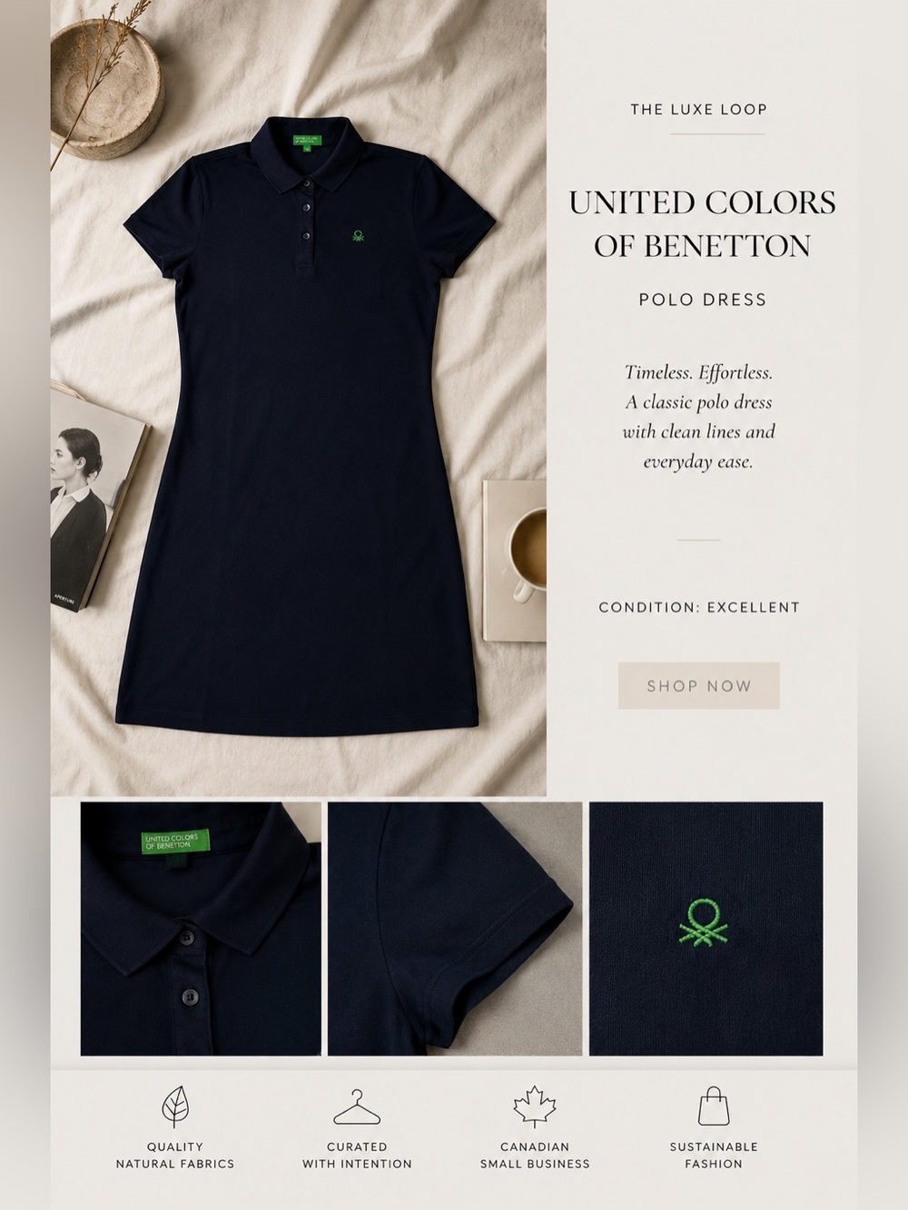 United Colors Of Benetton Navy Polo Dress with Green Logo Embroidery